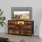 Meuble TV commode avec prise de courant et lumières LED pour téléviseur de 55", centre de divertissement à 8 tiroirs, commode en tissu avec plateau en bois, noir
