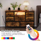Meuble TV commode avec prise de courant et lumières LED pour téléviseur de 55", centre de divertissement à 8 tiroirs, commode en tissu avec plateau en bois, noir