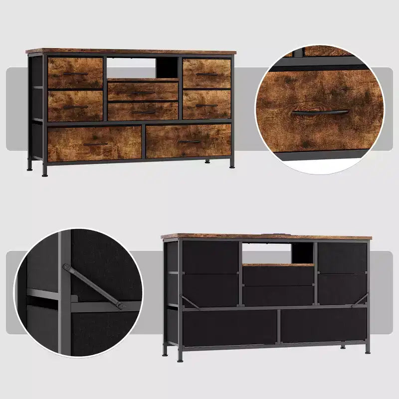 Meuble TV commode avec prise de courant et lumières LED pour téléviseur de 55", centre de divertissement à 8 tiroirs, commode en tissu avec plateau en bois, noir