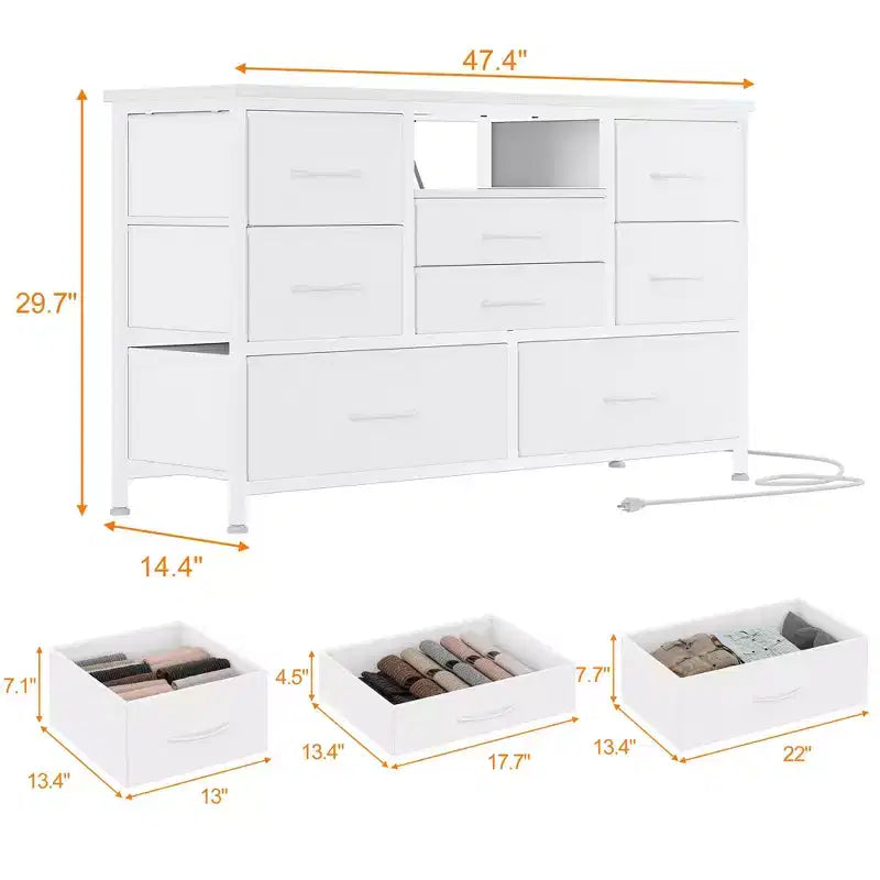 Meuble TV commode avec prise de courant et lumières LED pour téléviseur de 55", centre de divertissement à 8 tiroirs, commode en tissu avec plateau en bois, noir