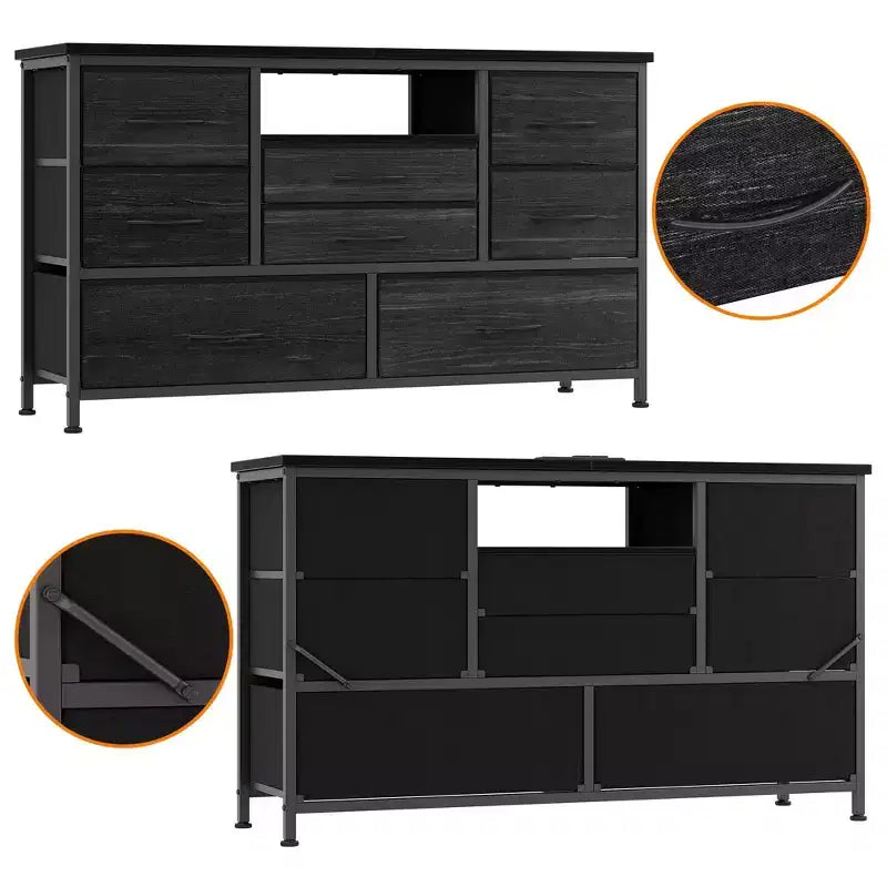 Meuble TV commode avec prise de courant et lumières LED pour téléviseur de 55", centre de divertissement à 8 tiroirs, commode en tissu avec plateau en bois, noir