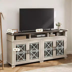 Meuble TV de ferme pour téléviseurs de 80 pouces | Lumières LED et portes vitrées | Meuble de rangement en MDF | Design moderne du milieu du siècle | Pour salon et chambre à coucher