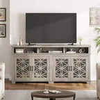 Meuble TV de ferme pour téléviseurs de 80 pouces | Lumières LED et portes vitrées | Meuble de rangement en MDF | Design moderne du milieu du siècle | Pour salon et chambre à coucher