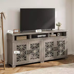 Meuble TV de ferme pour téléviseurs de 80 pouces | Lumières LED et portes vitrées | Meuble de rangement en MDF | Design moderne du milieu du siècle | Pour salon et chambre à coucher