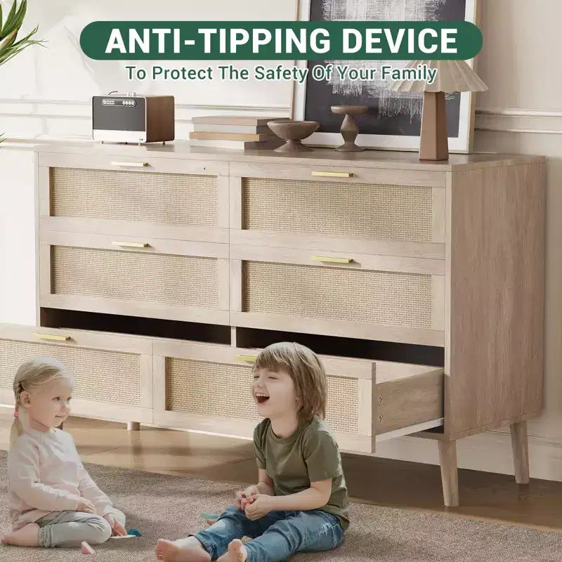 Commode en rotin à 8 tiroirs, commode de style moderne du milieu du siècle pour placard avec poignées, grand plateau de table