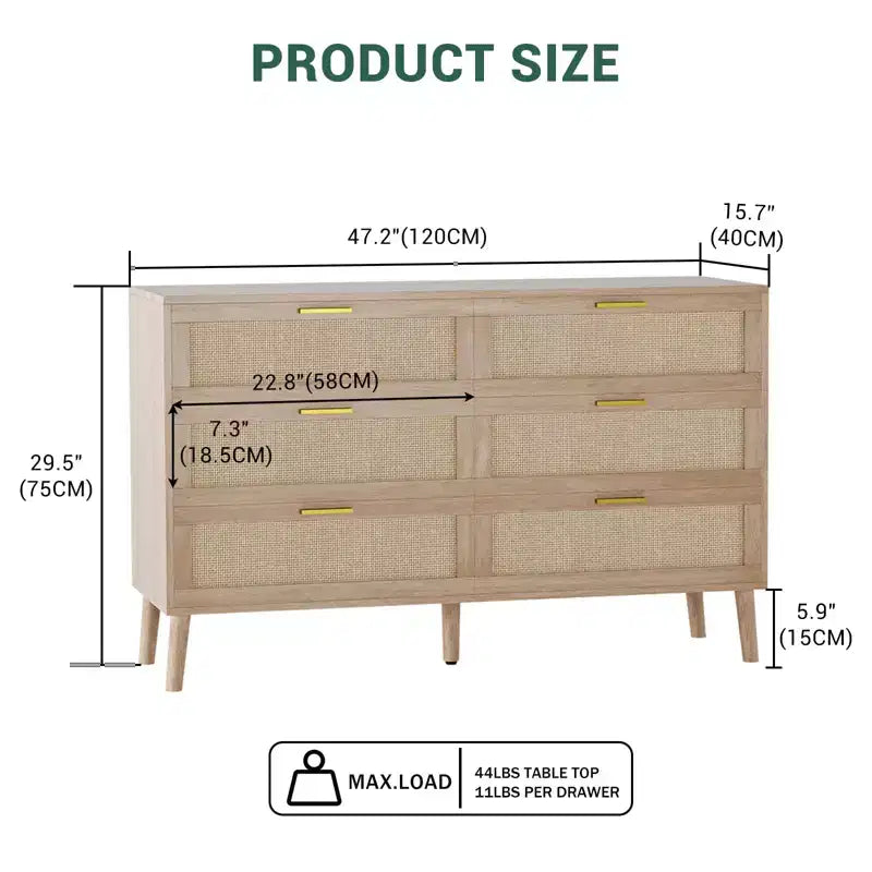 Commode en rotin à 8 tiroirs, commode de style moderne du milieu du siècle pour placard avec poignées, grand plateau de table