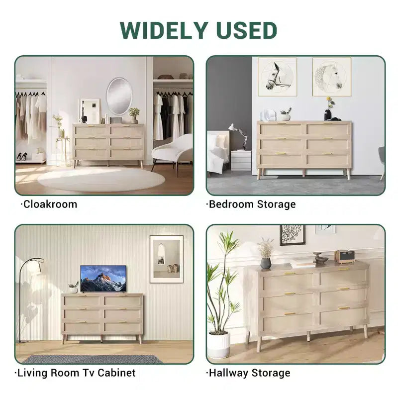 Commode en rotin à 8 tiroirs, commode de style moderne du milieu du siècle pour placard avec poignées, grand plateau de table