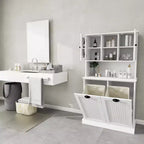 Meuble de salle de bain haut blanc avec panier à linge sale inclinable à deux compartiments et 2 étagères réglables