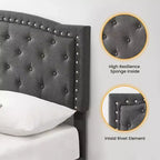 Cadre de lit plateforme pleine grandeur, tête de lit réglable, lattes en bois, base de matelas à cadre métallique, décoration de rivets boutonnés, pas besoin de sommier tapissier