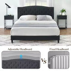 Cadre de lit plateforme pleine grandeur, tête de lit réglable, lattes en bois, base de matelas à cadre métallique, décoration de rivets boutonnés, pas besoin de sommier tapissier