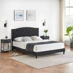 Cadre de lit plateforme pleine grandeur, tête de lit réglable, lattes en bois, base de matelas à cadre métallique, décoration de rivets boutonnés, pas besoin de sommier tapissier