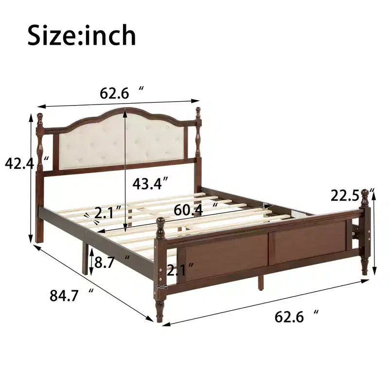 Lit en bois de pin MATEERTY Queen avec pied de lit à panneaux, deux pieds de support de longeron de lit et pieds de support de plateforme centrale, marron