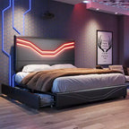AMERLIFE Bed Frame with LED Lights and Storage Drawers, Leather Upholstered Headboard, No Box Spring Needed