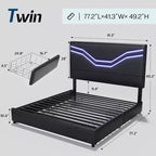 Cadre de lit AMERLIFE avec lumières LED et tiroirs de rangement, tête de lit rembourrée en cuir, aucun sommier tapissier requis