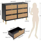 Commode 6 tiroirs en rotin, grande commode en bois avec tiroirs profonds pour chambre à coucher, salon, placard, couloir