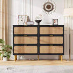Commode 6 tiroirs en rotin, grande commode en bois avec tiroirs profonds pour chambre à coucher, salon, placard, couloir