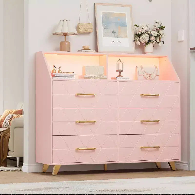 Commode à 6 tiroirs CuisinSmart, commode en bois avec station de charge, commode de rangement moderne Meuble TV avec tiroirs pour le salon