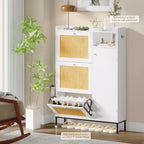 Meuble à Chaussures CuisinSmart 3 Niveaux sur Pied avec Rotin Naturel, Organisateur de Chaussures avec Étagères Réglables, Meuble à Chaussures Étroit pour Couloir, Blanc