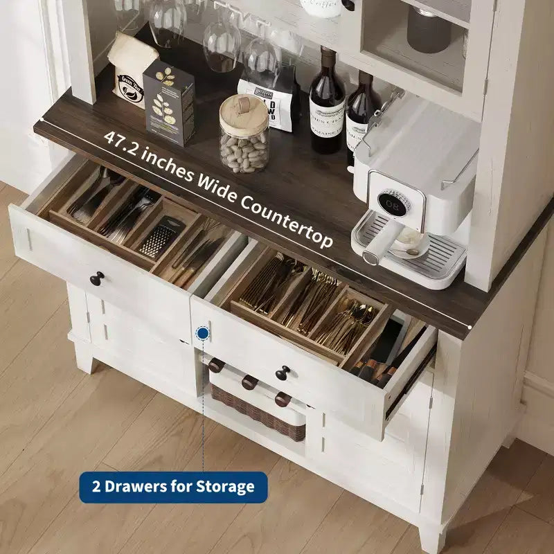 Meuble de rangement de cuisine de 183 cm de haut avec 4 portes et 2 tiroirs, casier à vin, grand espace de rangement, étagère réglable, comptoir de bar à café/vin