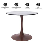 Table de salle à manger ronde LeisureMod Bristol 27, plateau en MDF avec base piédestal en acier noyer, table d'appoint moderne pour cuisine et salle à manger pour petits espaces