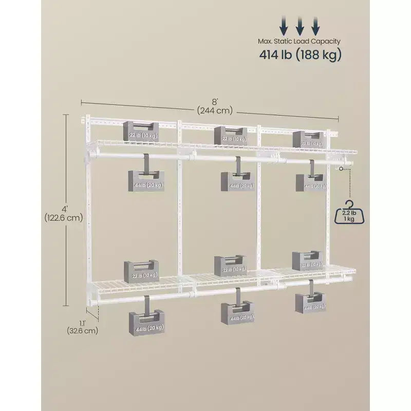 Système de rangement de placard réglable – Unité de rayonnage métallique de 122 à 244 cm avec 6 tringles et 6 étagères, capacité de 187 kg, blanc nuage