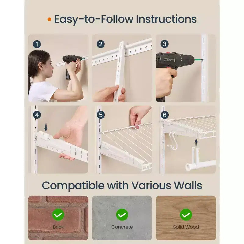 Système de rangement de placard réglable – Unité de rayonnage métallique de 122 à 244 cm avec 6 tringles et 6 étagères, capacité de 187 kg, blanc nuage