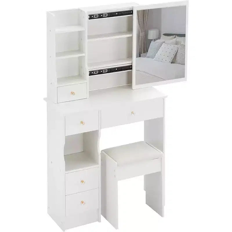CuisinSmart Coiffeuse de bureau à tiroir gauche avec tabouret rembourré, grand miroir coulissant, multicouche, commode de rangement haute capacité pour petit espace