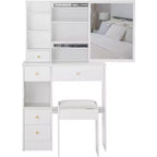 CuisinSmart Coiffeuse de bureau à tiroir gauche avec tabouret rembourré, grand miroir coulissant, multicouche, commode de rangement haute capacité pour petit espace