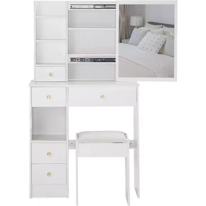 CuisinSmart Coiffeuse de bureau à tiroir gauche avec tabouret rembourré, grand miroir coulissant, multicouche, commode de rangement haute capacité pour petit espace