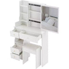 CuisinSmart Coiffeuse de bureau à tiroir gauche avec tabouret rembourré, grand miroir coulissant, multicouche, commode de rangement haute capacité pour petit espace