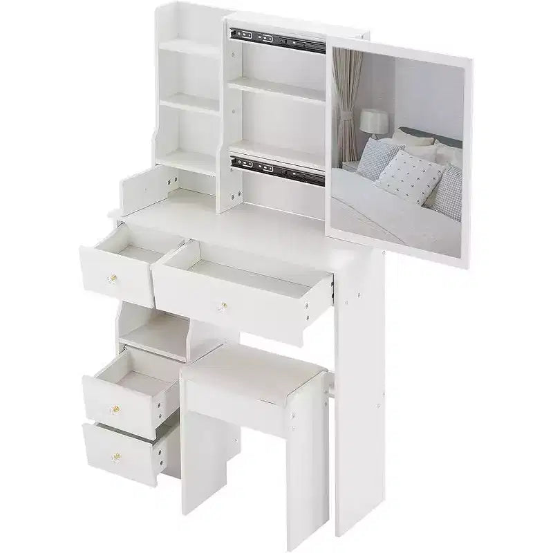 CuisinSmart Coiffeuse de bureau à tiroir gauche avec tabouret rembourré, grand miroir coulissant, multicouche, commode de rangement haute capacité pour petit espace