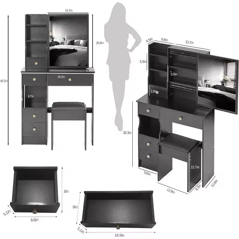 CuisinSmart Coiffeuse de bureau à tiroir gauche avec tabouret rembourré, grand miroir coulissant, multicouche, commode de rangement haute capacité pour petit espace