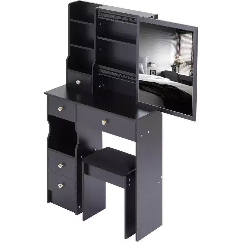 CuisinSmart Coiffeuse de bureau à tiroir gauche avec tabouret rembourré, grand miroir coulissant, multicouche, commode de rangement haute capacité pour petit espace