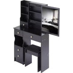 CuisinSmart Coiffeuse de bureau à tiroir gauche avec tabouret rembourré, grand miroir coulissant, multicouche, commode de rangement haute capacité pour petit espace