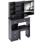 CuisinSmart Coiffeuse de bureau à tiroir gauche avec tabouret rembourré, grand miroir coulissant, multicouche, commode de rangement haute capacité pour petit espace