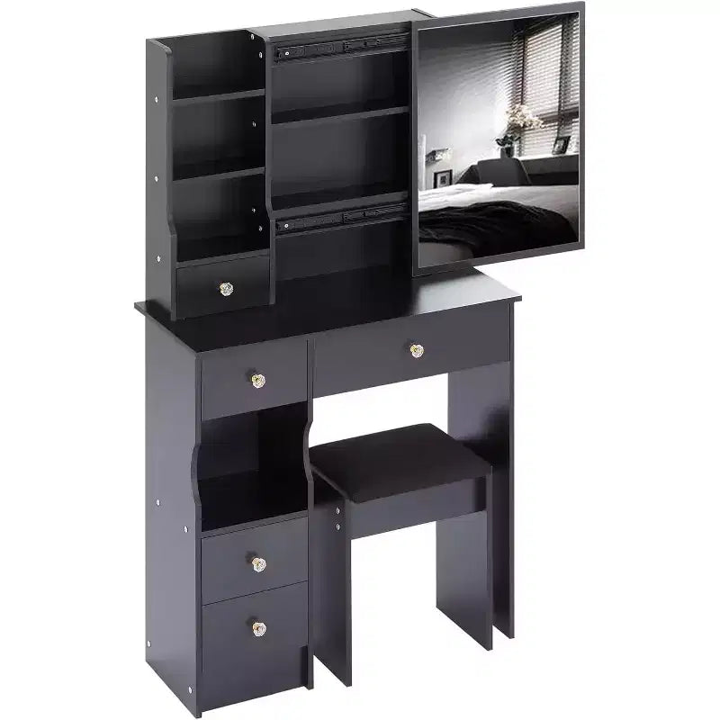 CuisinSmart Coiffeuse de bureau à tiroir gauche avec tabouret rembourré, grand miroir coulissant, multicouche, commode de rangement haute capacité pour petit espace