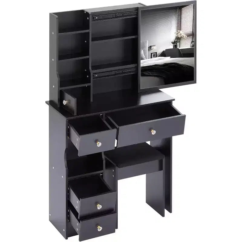 CuisinSmart Coiffeuse de bureau à tiroir gauche avec tabouret rembourré, grand miroir coulissant, multicouche, commode de rangement haute capacité pour petit espace