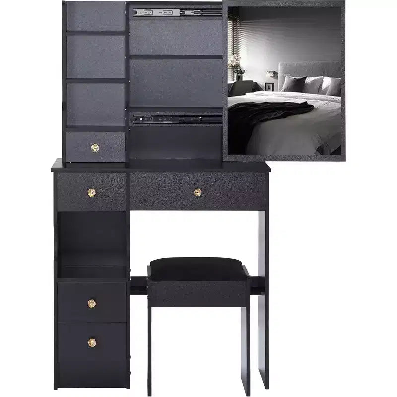 CuisinSmart Coiffeuse de bureau à tiroir gauche avec tabouret rembourré, grand miroir coulissant, multicouche, commode de rangement haute capacité pour petit espace
