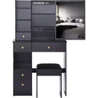 CuisinSmart Coiffeuse de bureau à tiroir gauche avec tabouret rembourré, grand miroir coulissant, multicouche, commode de rangement haute capacité pour petit espace