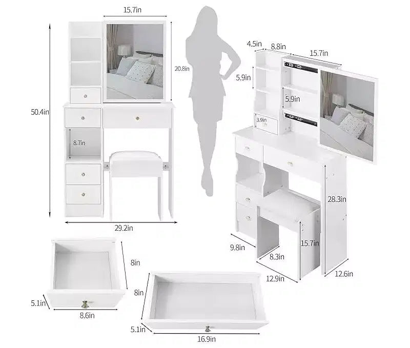 CuisinSmart Coiffeuse de bureau à tiroir gauche avec tabouret rembourré, grand miroir coulissant, multicouche, commode de rangement haute capacité pour petit espace