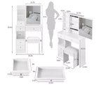 CuisinSmart Coiffeuse de bureau à tiroir gauche avec tabouret rembourré, grand miroir coulissant, multicouche, commode de rangement haute capacité pour petit espace