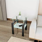 Table Basse Moderne, Table d'Appoint Centrale en Verre Trempé, Table Basse à 2 Niveaux avec Étagère de Rangement, Table Carrée pour Salon, Bureau à Domicile, Petit Espace