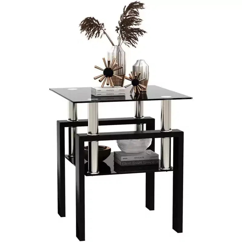 Table Basse Moderne, Table d'Appoint Centrale en Verre Trempé, Table Basse à 2 Niveaux avec Étagère de Rangement, Table Carrée pour Salon, Bureau à Domicile, Petit Espace