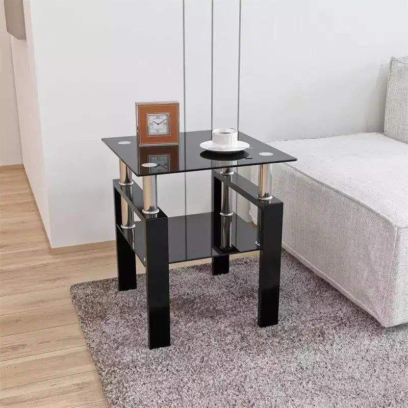 Table Basse Moderne, Table d'Appoint Centrale en Verre Trempé, Table Basse à 2 Niveaux avec Étagère de Rangement, Table Carrée pour Salon, Bureau à Domicile, Petit Espace
