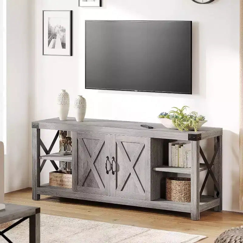 Meuble TV 60 pouces en forme de X pour téléviseurs 65 pouces - Meuble TV P2 écologique avec étagères réglables, centre de divertissement moderne pour salon et chambre