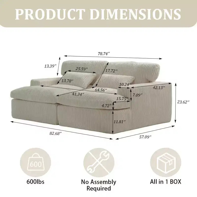Canapé sectionnel de compression en forme de L Whisen 2 places avec tissu doux en velours côtelé, aucun assemblage requis