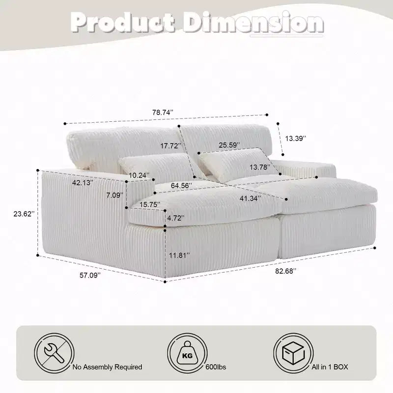Canapé sectionnel de compression en forme de L Whisen 2 places avec tissu doux en velours côtelé, aucun assemblage requis