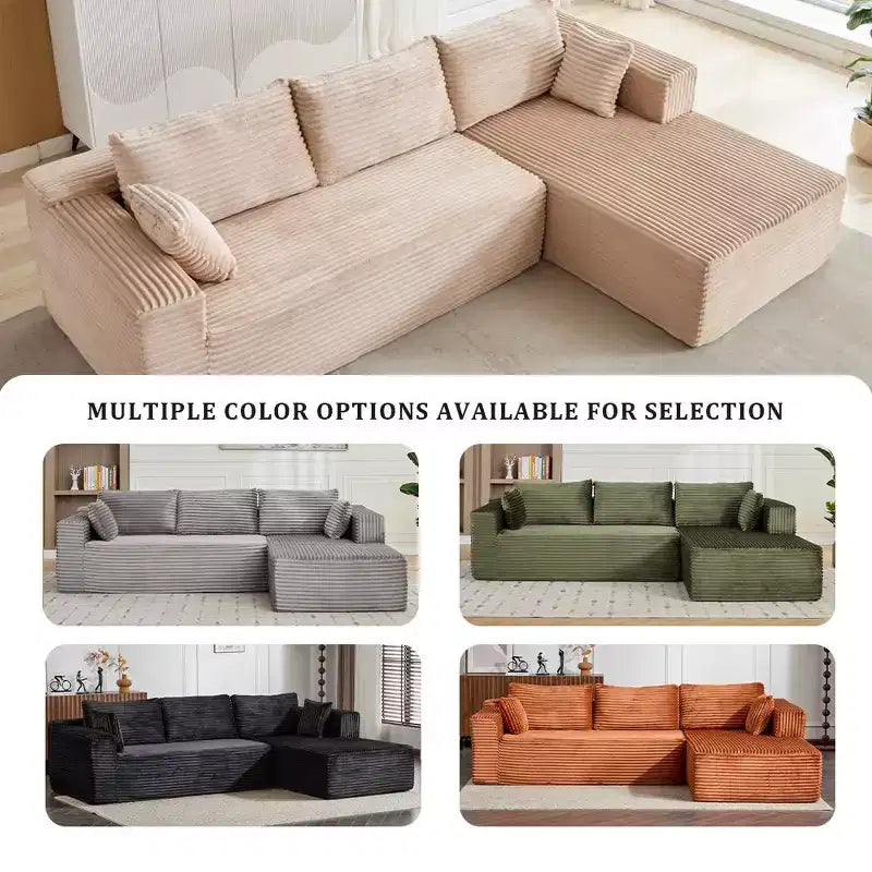 Canapé sectionnel de compression en forme de L Whisen 2 places avec tissu doux en velours côtelé, aucun assemblage requis