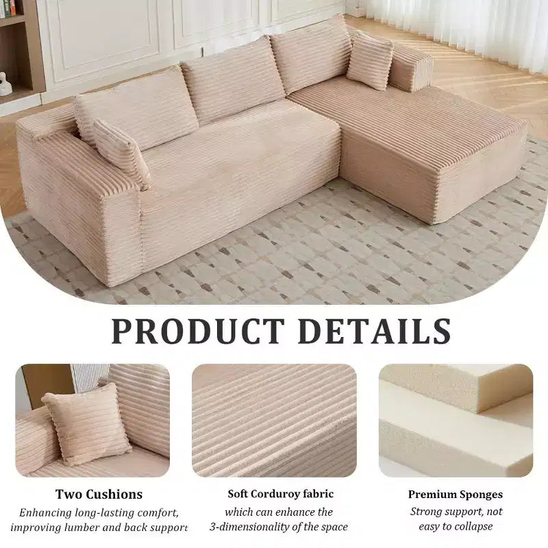 Canapé sectionnel de compression en forme de L Whisen 2 places avec tissu doux en velours côtelé, aucun assemblage requis
