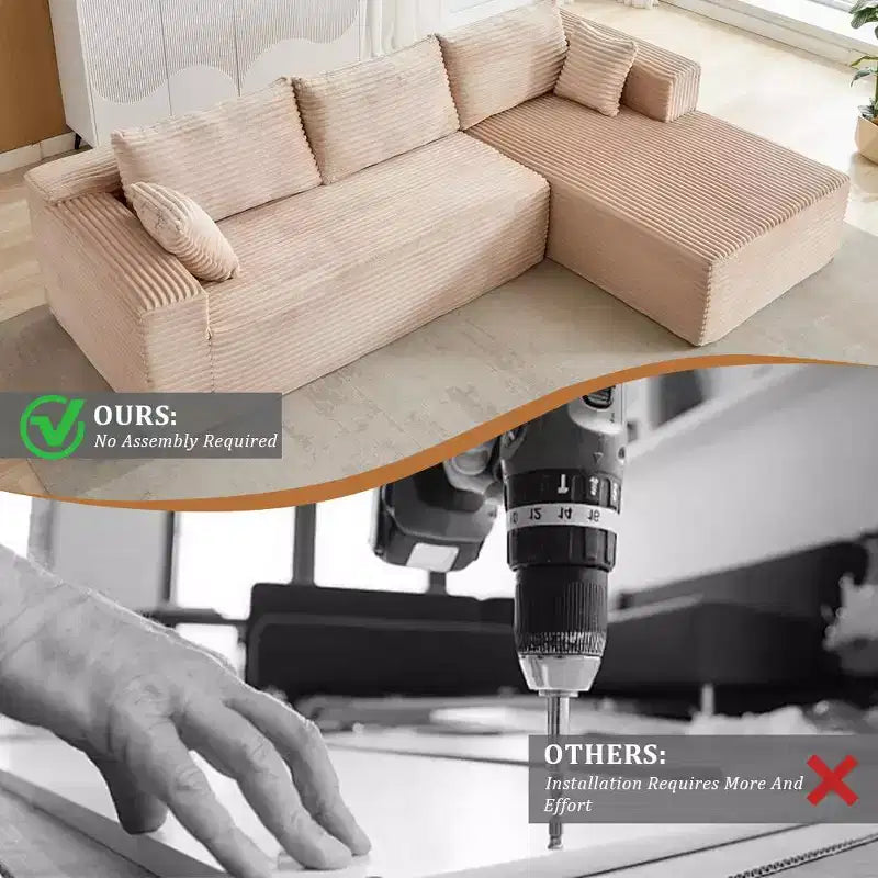 Canapé sectionnel de compression en forme de L Whisen 2 places avec tissu doux en velours côtelé, aucun assemblage requis
